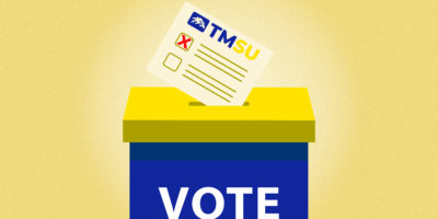 Illustration of a voting box with a ballot going into it. The ballot has the TMSU logo on it and a red "X" marked in one of the boxes.