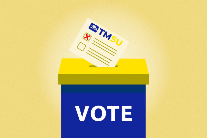 Illustration of a voting box with a ballot going into it. The ballot has the TMSU logo on it and a red "X" marked in one of the boxes.
