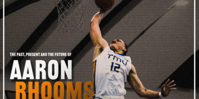 Image of Aaron Rhooms dunking a basketball into a net. There is text on the bottom left side reading, "The past, present and future of Aaron Rhooms"
