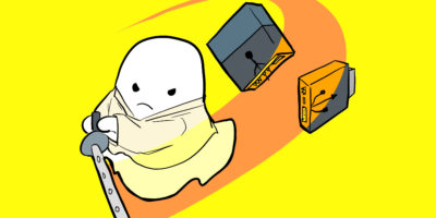 Illustration of a ghost on a yellow background holding a samurai sword cutting through a USB flash drive.