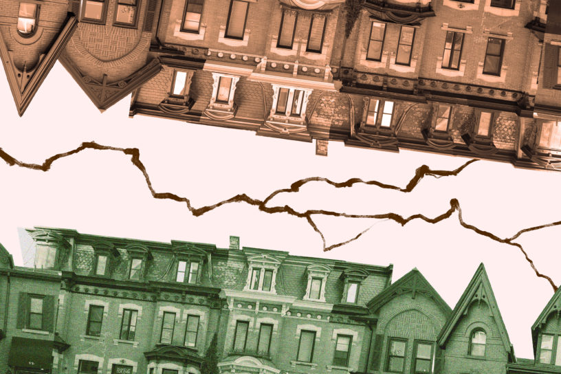Photo of a row of townhouses on opposite sides of the frame with an illustration of a crack.