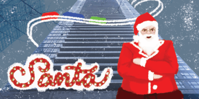 Photo of an apartment building with an illustration of Santa Claus in front of it and a train going around it.