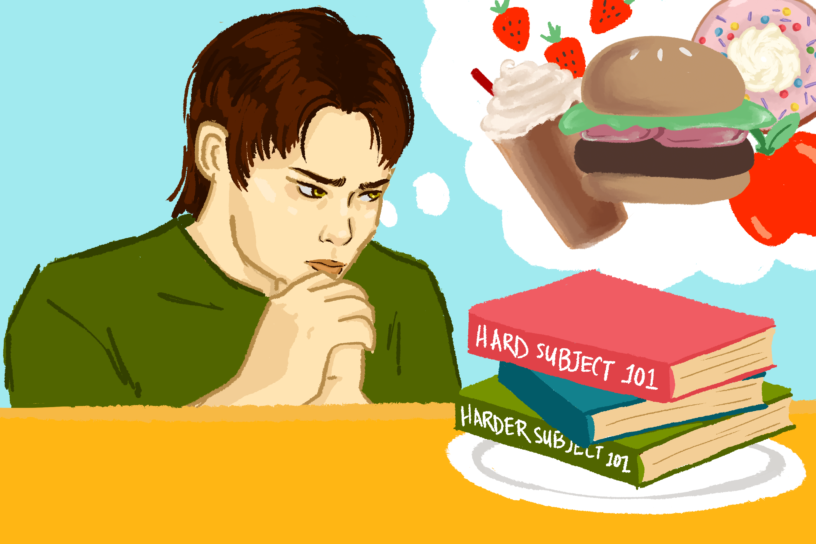 Illustration of a person sitting at a table with three textbooks on a plate in front of them. There is a though bubble in the top right corner that is filled with a burger, milkshake, strawberries, an apple and a donut.