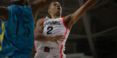 Trae Bell-Haynes attempting a contested left hand layup over a Bohemian player at the Mattamy Athletic Centre