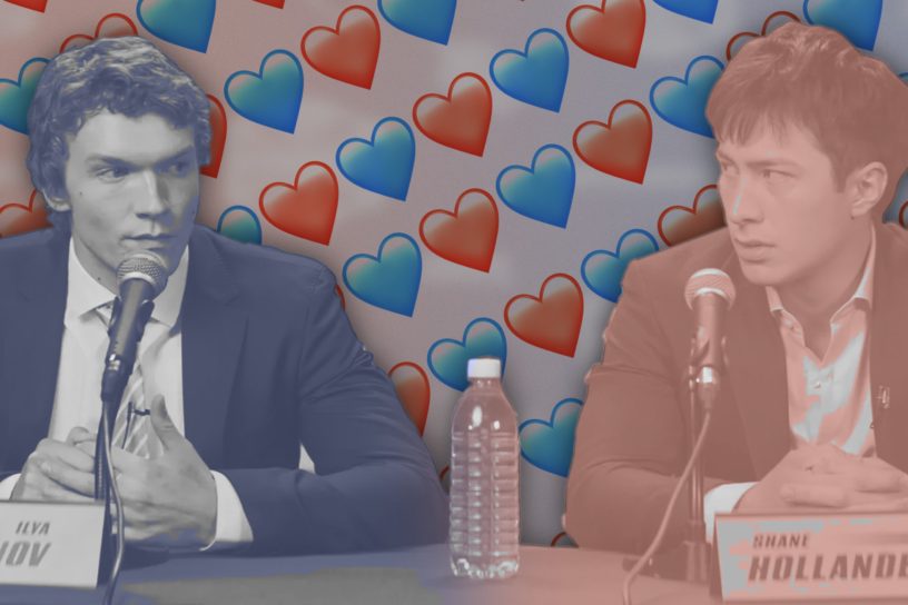 A graphic features an image two men in suits at a press conference with a blue and red gradient casted over them, and hearts in the background.