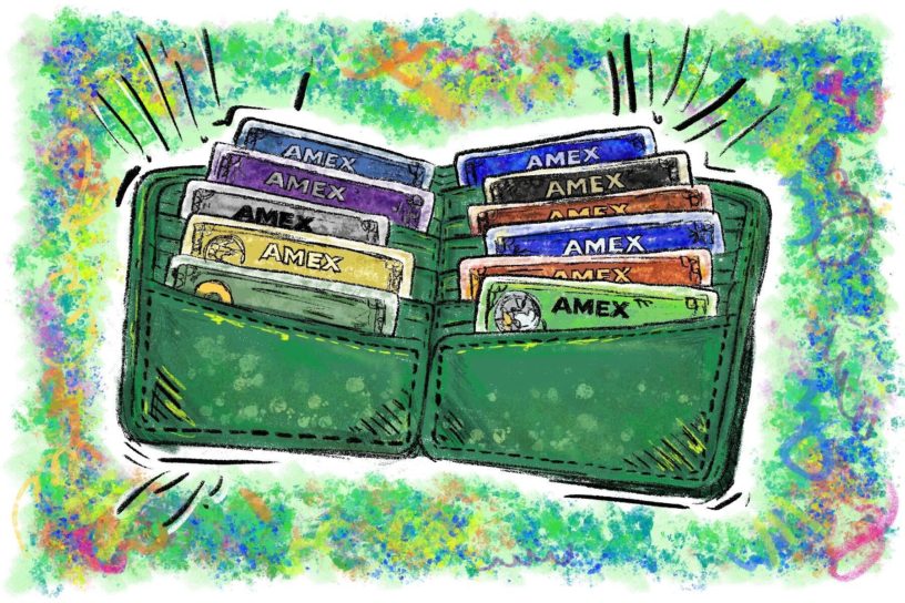 Photo of a green wallet on a multi-colored background with 11 cards of various colors which read "AMEX".