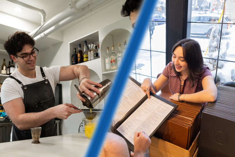 Composition of two images; on the left a bartender pours a drink and on the right a host points at the menu with guests.