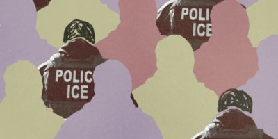 A graphic features various coloured silhouettes, with ICE police agents amongst the crowd.