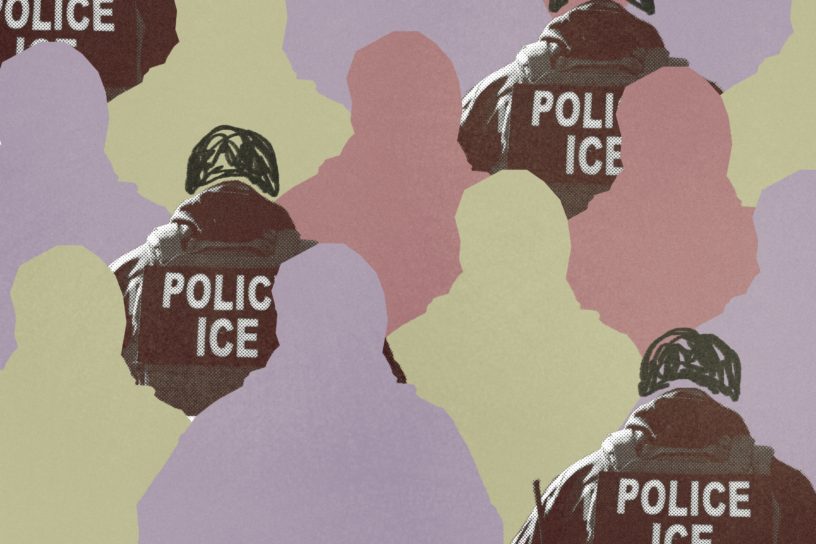A graphic features various coloured silhouettes, with ICE police agents amongst the crowd.
