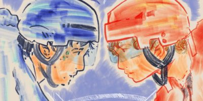 An illustration of two male hockey players looking lovingly into each others eyes.