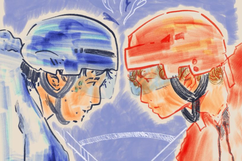 An illustration of two male hockey players looking lovingly into each others eyes.