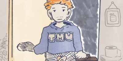 An illustration of a student opening the door to their bedroom, with a bandage around their left hand and crotch area.