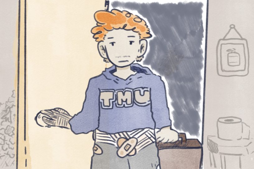 An illustration of a student opening the door to their bedroom, with a bandage around their left hand and crotch area.