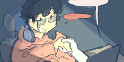 An illustration of a student on their laptop, speaking to the screen as an ominous white hand comes out of the screen.