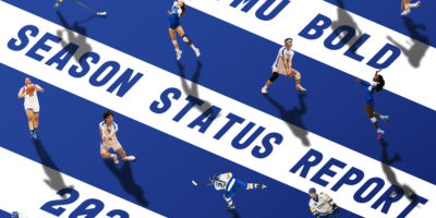 Graphic that reads "TMU BOLD SEASON STATUS REPORT 2026" with cut outs of different athletes playing volleyball, basketball and hockey around the frame.