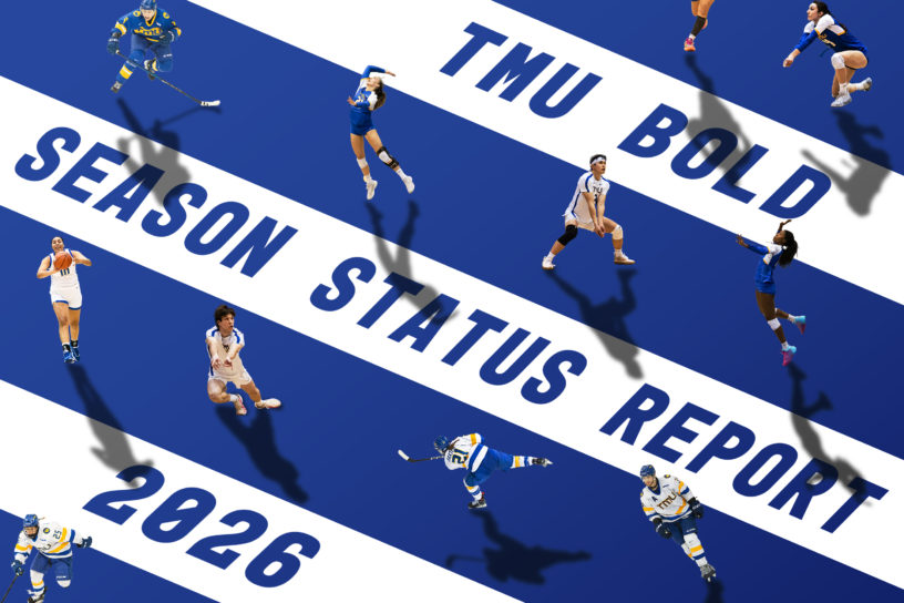 Graphic that reads "TMU BOLD SEASON STATUS REPORT 2026" with cut outs of different athletes playing volleyball, basketball and hockey around the frame.